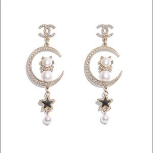 Chanel crescent moon cat star pearl earrings